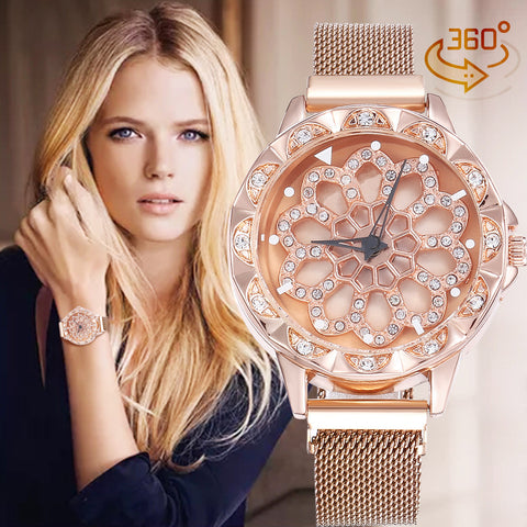 Luxury Rose Gold Watch Women Special Design 360 Degrees Rotation Diamond Dial Watches Mesh Magnet Starry Sky Ladies Watch Quartz