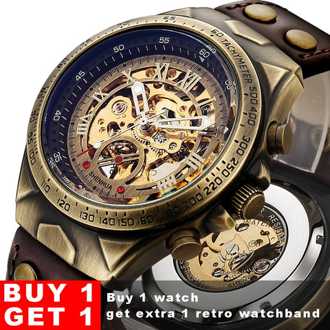 Steampunk Bronze Automatic Watch Men Mechanical Watches Vintage Retro Leather Transparent Skeleton Watch Man Clock montre homme