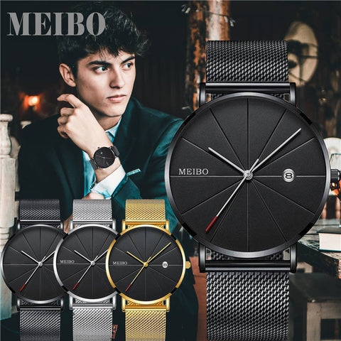 Black Men‘s Ultra Thin Watch Stainless Steel Mesh Band Leather Clock Classic Quartz Date Wristwatch Casual Relogio Masculino