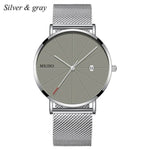 Black Men‘s Ultra Thin Watch Stainless Steel Mesh Band Leather Clock Classic Quartz Date Wristwatch Casual Relogio Masculino