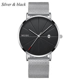 Black Men‘s Ultra Thin Watch Stainless Steel Mesh Band Leather Clock Classic Quartz Date Wristwatch Casual Relogio Masculino