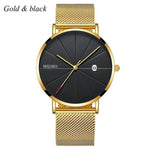 Black Men‘s Ultra Thin Watch Stainless Steel Mesh Band Leather Clock Classic Quartz Date Wristwatch Casual Relogio Masculino