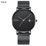 Black Men‘s Ultra Thin Watch Stainless Steel Mesh Band Leather Clock Classic Quartz Date Wristwatch Casual Relogio Masculino