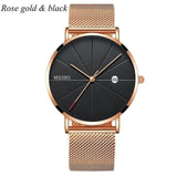 Black Men‘s Ultra Thin Watch Stainless Steel Mesh Band Leather Clock Classic Quartz Date Wristwatch Casual Relogio Masculino