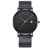 Black Men‘s Ultra Thin Watch Stainless Steel Mesh Band Leather Clock Classic Quartz Date Wristwatch Casual Relogio Masculino