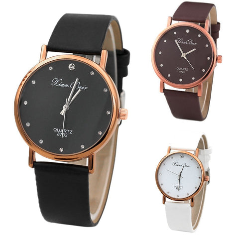 Fashion Women's Diamond Simple Watch Case Leather Band Round Dial Quartz Wrist Watch Small Diamond Relogio Feminino