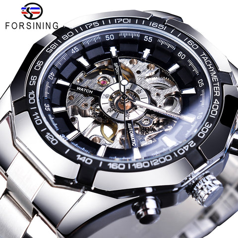 Forsining 2019 Stainless Steel Waterproof Mens Skeleton Watches Top Brand Luxury Transparent Mechanical Sport Male Wrist Watches