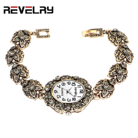 QINGXIYA Brand Women Ancient Gold Bracelet Luxury Watches Grey Rhinestone Ladies Quartz Wristwatch Casual Women Dress Colck