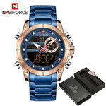 NAVIFORCE Men Military Sport Wrist Watch Gold Quartz Steel Waterproof Dual Display Male Clock Watches Relogio Masculino 9163