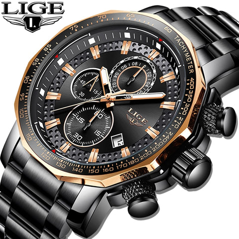 Relogio Masculino LIGE New Sport Chronograph Mens Watches Top Brand Luxury Full Steel Quartz Clock Waterproof Big Dial Watch Men