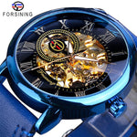 Forsining 3d Logo Design Hollow Engraving Black Gold Case Leather Skeleton Mechanical Watches Men Luxury Brand Heren Horloge