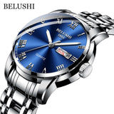 BELUSHI Top Brand Watch Men Stainless Steel Business Date Clock Waterproof Luminous Watches Mens Luxury Sport Quartz Wrist Watch