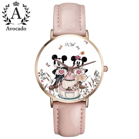 New Zegarki Watches For Women Ladies New Cartoon Watch Pink Leather Mouse Quartz Wristwatch