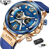 2021 New Mens Watches LIGE Top Brand Leather Chronograph Waterproof Sport Automatic Date Quartz Watch For Men Relogio Masculino