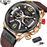 2021 New Mens Watches LIGE Top Brand Leather Chronograph Waterproof Sport Automatic Date Quartz Watch For Men Relogio Masculino