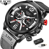 2021 New Mens Watches LIGE Top Brand Leather Chronograph Waterproof Sport Automatic Date Quartz Watch For Men Relogio Masculino