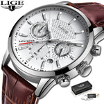 2021 New Mens Watches LIGE Top Brand Leather Chronograph Waterproof Sport Automatic Date Quartz Watch For Men Relogio Masculino