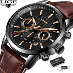 2021 New Mens Watches LIGE Top Brand Leather Chronograph Waterproof Sport Automatic Date Quartz Watch For Men Relogio Masculino