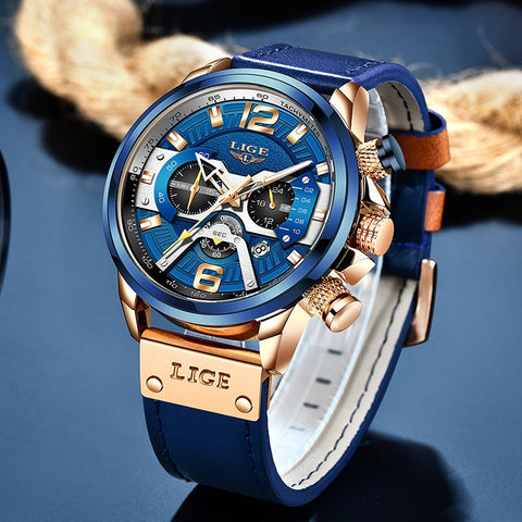 2021 LIGE Men Watches Top Brand Luxury Blue Leather Chronograph Sport Watch For Men Fashion Date Waterproof Clock Reloj Hombre