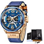 2021 LIGE Men Watches Top Brand Luxury Blue Leather Chronograph Sport Watch For Men Fashion Date Waterproof Clock Reloj Hombre