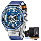 2021 LIGE Men Watches Top Brand Luxury Blue Leather Chronograph Sport Watch For Men Fashion Date Waterproof Clock Reloj Hombre