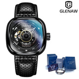 Glenaw Design Brand 2021 Men Hollow Automatic Black Mechanical Watch GMT  Top Brand Reloj Hombre Watches Waterproof