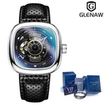 Glenaw Design Brand 2021 Men Hollow Automatic Black Mechanical Watch GMT  Top Brand Reloj Hombre Watches Waterproof