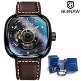 Glenaw Design Brand 2021 Men Hollow Automatic Black Mechanical Watch GMT  Top Brand Reloj Hombre Watches Waterproof