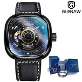 Glenaw Design Brand 2021 Men Hollow Automatic Black Mechanical Watch GMT  Top Brand Reloj Hombre Watches Waterproof