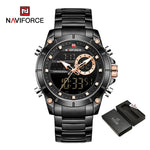 NAVIFORCE Men Military Sport Wrist Watch Gold Quartz Steel Waterproof Dual Display Male Clock Watches Relogio Masculino 9163