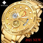 WWOOR 2021 New Men Watches Top Brand Luxury Gold Stainless Steel Quartz Watch Men Waterproof Sport Chronograph Relogio Masculino