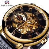 Forsining 3d Logo Design Hollow Engraving Black Gold Case Leather Skeleton Mechanical Watches Men Luxury Brand Heren Horloge