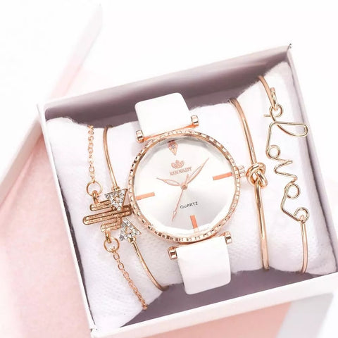 5pcs Set Top Style Fashion Women's Watch Luxury Leather Band Analog Quartz WristWatch Ladies Watch Women Dress Relogio Mujer