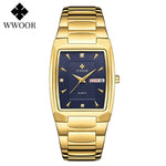 WWOOR 2021 New Square Watch Men with Automatic Week Date Luxury Stainless Steel Gold Mens Quartz Wrist Watches Relogio Masculino