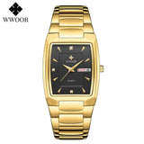 WWOOR 2021 New Square Watch Men with Automatic Week Date Luxury Stainless Steel Gold Mens Quartz Wrist Watches Relogio Masculino