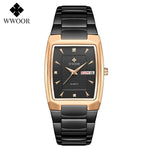 WWOOR 2021 New Square Watch Men with Automatic Week Date Luxury Stainless Steel Gold Mens Quartz Wrist Watches Relogio Masculino