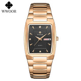 WWOOR 2021 New Square Watch Men with Automatic Week Date Luxury Stainless Steel Gold Mens Quartz Wrist Watches Relogio Masculino