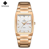 WWOOR 2021 New Square Watch Men with Automatic Week Date Luxury Stainless Steel Gold Mens Quartz Wrist Watches Relogio Masculino