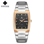 WWOOR 2021 New Square Watch Men with Automatic Week Date Luxury Stainless Steel Gold Mens Quartz Wrist Watches Relogio Masculino