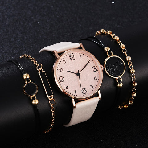 5pcs Set Top Style Fashion Women's Luxury Leather Band Analog Quartz WristWatch Ladies Watch Women Dress Reloj Mujer Black Clock