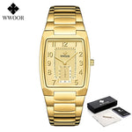 WWOOR 2021 New Square Watch Men with Automatic Week Date Luxury Stainless Steel Gold Mens Quartz Wrist Watches Relogio Masculino