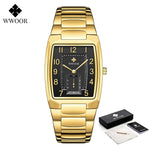 WWOOR 2021 New Square Watch Men with Automatic Week Date Luxury Stainless Steel Gold Mens Quartz Wrist Watches Relogio Masculino