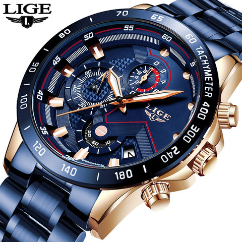 LIGE 2021 New Fashion Mens Watches with Stainless Steel Top Brand Luxury Sports Chronograph Quartz Watch Men Relogio Masculino