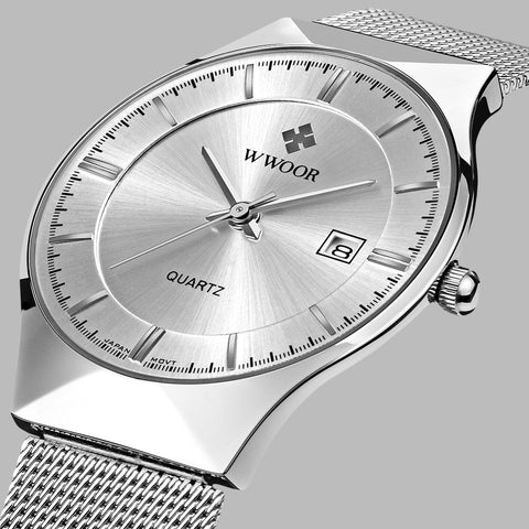 Top Brand Luxury WWOOR Men's Watches Stainless Steel Band Analog Display Quartz Wrist Watch Ultra Thin Dial Fashion Dress Watch