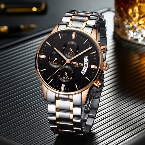 Rose Gold Color Men Watch Luxury Top Brand Men's Watch Fashion Dress New Military Quartz Wristwatch Hot Clock Male Sport NIBOSI