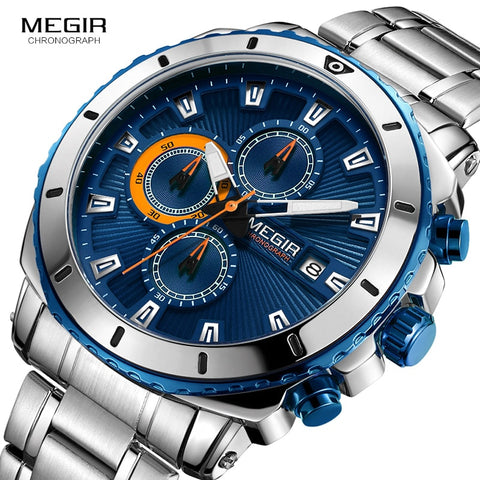 MEGIR Men's Blue Dial Chronograph Quartz Watches Fashion Stainless Steel Analogue Wristwatches for Man Luminous Hands 2075G-2