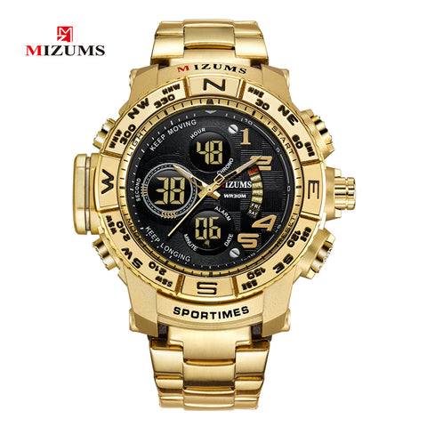 Mizums Brand Quartz Watch Men's Sport Watches Men Steel Band Military Clock Waterproof Gold LED Digital Watch Relogio Masculino