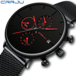 Mens Women StopWatches CRRJU Unique Design Luxury Sport Wrist Watch Stainless Steel Mesh Strap Men's Fashion Casual Date Watches