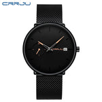 Mens Women StopWatches CRRJU Unique Design Luxury Sport Wrist Watch Stainless Steel Mesh Strap Men's Fashion Casual Date Watches